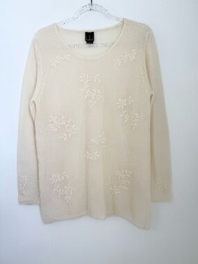 Belford Ivory Long Sleeve Embroidered Mohair Merino Wool Blend Size L Sheer